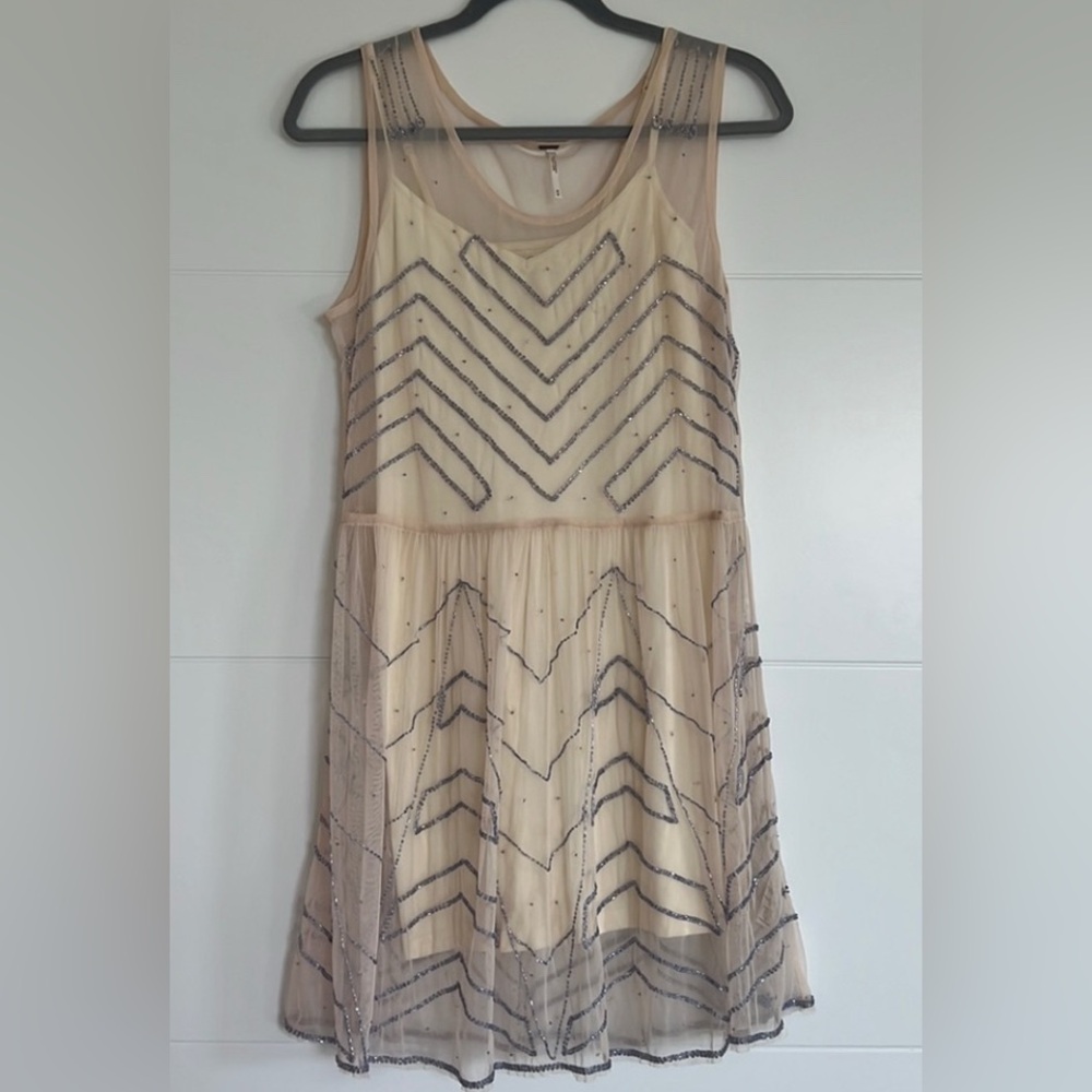 Free People Tan and sheer beaded embellished Mini Dress sz S/P geometric design